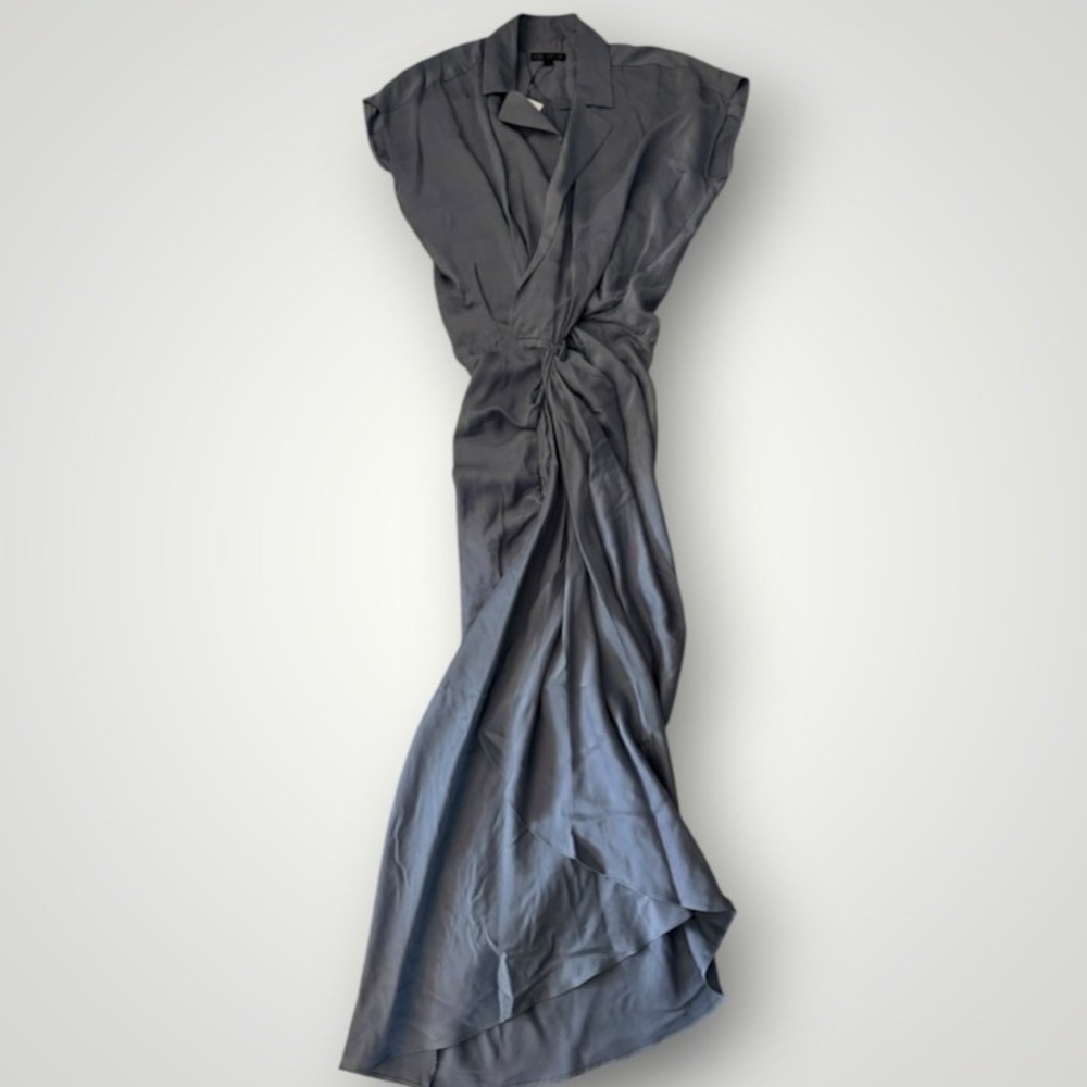 Zara ZW Collection Satin Effect Wrap Dress XS Charcoal Gray Ruched Quiet Luxury